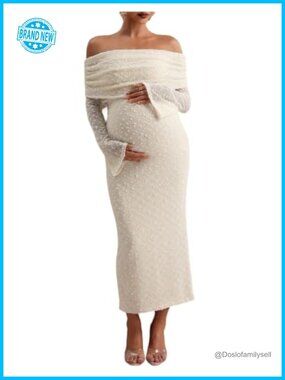 Off Shoulder Swiss Dot Maternity Baby Shower Dress Long Sleeve